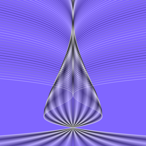 Just 161 individual cubic polynomials were drawn here. Abstract artwork in white, black and blue colours, with vertical symmetry, subtle 3-d effect. Ten curved stripes come to a single point from above and below.