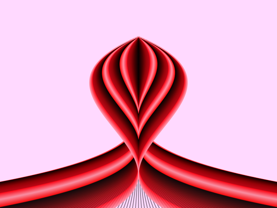 Here 1024 individual cubic polynomials were drawn. Artwork resembling something organic, for example a flower, in shades of red. There is a clear 3-d effect, achieved by progressively varying the shades of the polynomials.