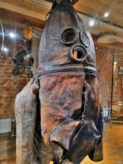 This old diving suit is made of leather and it looks creapy