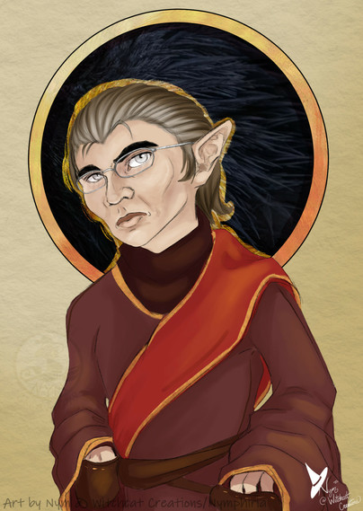 a digital art sketch of a gnomish man in red robes with spectacles, light brown hair going gray at the roots, with clear gray eyes, his hands in pouches, looking very sourly at the viewer, with a motif of black feathers behind him
