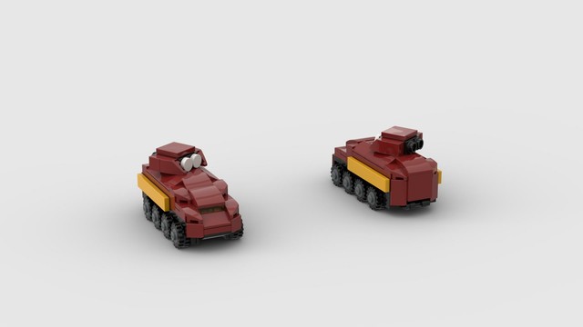 Render of a LEGO guided missile vehicle at 7p scale. It has dark red armor with bright light orange trim over an eight-wheeled chassis. On the top is a small turret with two TOW missiles.