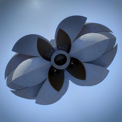 A white spaceship made of two lotus flower shaped structures flies over the sky