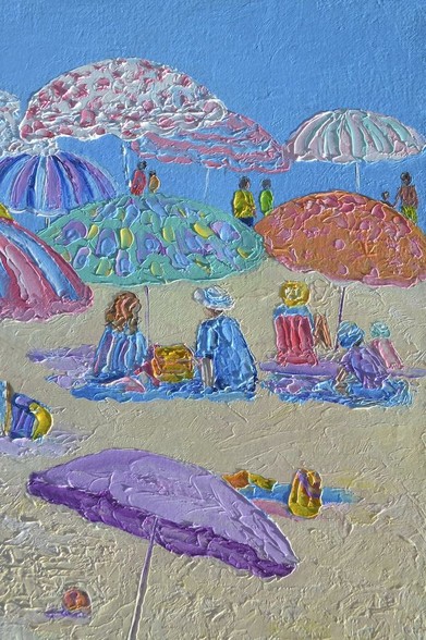 A thickly textured vertical beach painting with very colorful umbrellas and people relaxing on a summer's day.