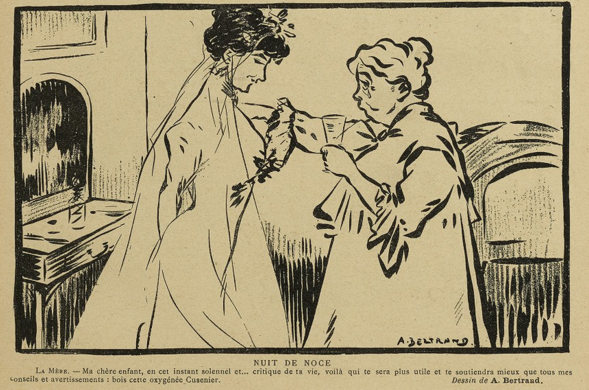 This image shows a sketch, black on yellowish paper. It shows two women standing in a bedroom. On the left, behind the women is a dressing table, while there might be a bed behind them on the right. The woman on the left is a dark-haired young woman in an elegant wedding dress. Her hands are folded behind her back. The woman on the right is an older woman, white-haired, with a tear on her face and described as the mother in the description. She has her left hand on the younger woman's shoulder. In her right hand, she holds a glass.

Below the image it says, in French: "Wedding night - The mother. - My dear child, at this solemn and... critical moment in your life, this will be more useful and supportive than all my advice and warnings: drink this Oxygénée Cusenier."

This sketch was published in "Le Sourire" on the 07.07.1906, p. 10.