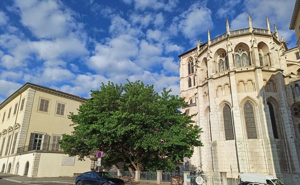 Photographie numérique couleur en format paysage.
Vue plus serrée du chevet de la cathédrale Saint-Jean de style gothique, d'une partie du palais Saint-Jean de style Renaissance, avec un arbre entre les deux, des voitures garées et un ciel bleu moutonné de nuages blancs.