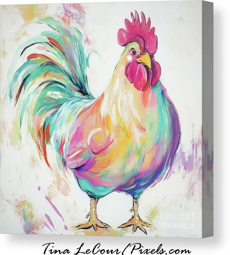 This is a canvas of a whimsical rooster done in cotton candy colors against a soft white background.