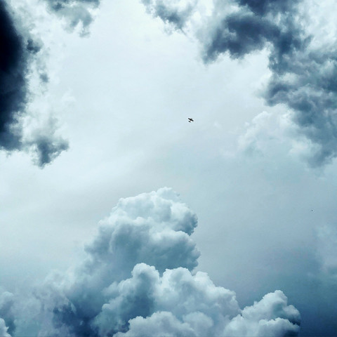 Dramatic cloud scene with high smooth clouds framed in dark formations on the side while below a cumulus seems to be boiling upwards toward a lone airplane aching for elevation and escape.