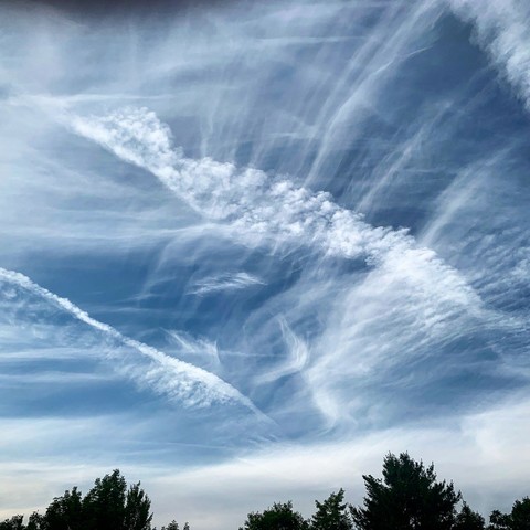 This is way more complicated than clouds ought to be. Multiple levels of wispy cloud streaks and in the middle a formation of small clumpy clouds that could be a bird or dinosaur.