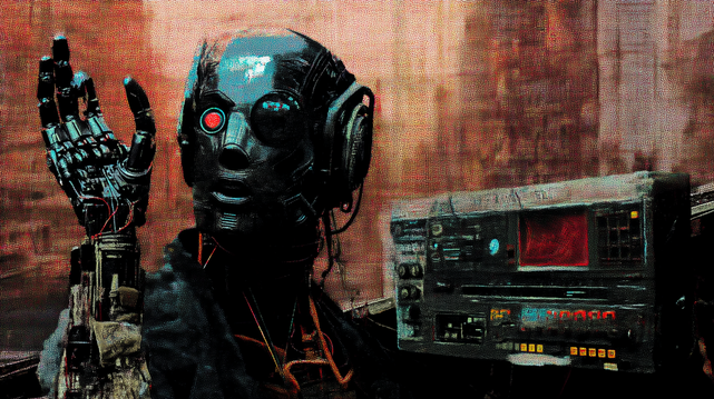 Protocole Rouillé.
Portrait d’un androïde vintage connecté à une console rétro dans un décor urbain dystopique.
Portrait of a vintage android linked to a retro console in a dystopian urban setting.
