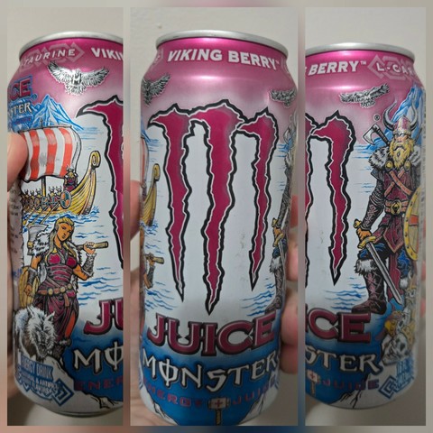 Collage of three photographs oriented horizontally. Each of them shows a vertical image of a different angle of the same can of Viking Berry Juice Monster. The left image shows the left side of the can with a female Viking holding an axe over her shoulder with a wolf in front of her, behind her is the sea and a Viking ship in the distance. The central image, which is wider, shows the can head on with a pink skyline and ocean behind a pink Monster energy "M" logo that looks like three claw-marks with the words "Juice Monster" beneath it and "Viking Berry" at the top. The right image shows the same can turned again and it shows a male Viking with a sword and shield in hand on a shore with the sea behind him.