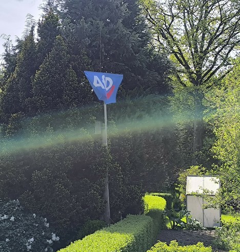 Auf dem Foto sieht man eine (selbstgemachte?) AFD-Fahne.