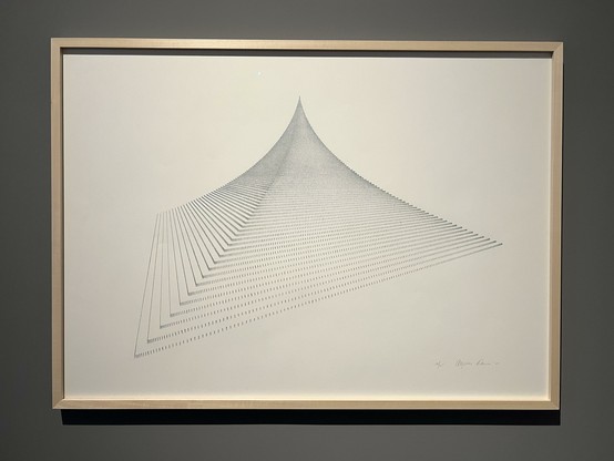 photo of a framed print of a stepped pyramid where each layer is shown by an outline made up of very tiny drawn people standing in line. the layers increase in slope. it is signed by Agnes Denes as print 29 of 75