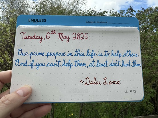 A pen quote of the Dalai Lama that reads, “Our prime purpose in this life is to help others. And if you can't help them, at least don't hurt them.”

Written using Wearingeul Captain Hook, Pilot Iroshizuku Kon-Peki & Dominant Industry Ginger Chicken.