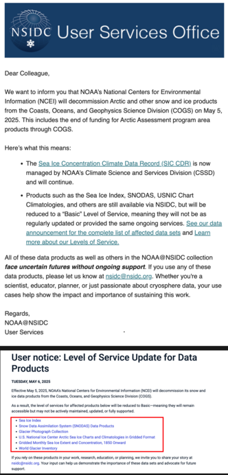 Announcement of NOAA/NCEI sea ice product degradation.
