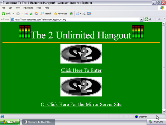 A geocities page on a green background. It's titled "The 2 Unlimited hangout"