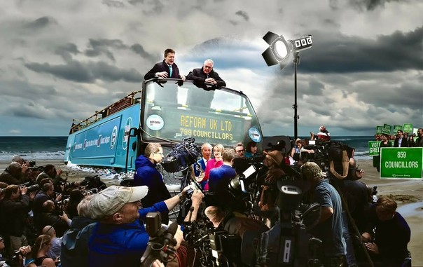 Cold War Steve collage.
The Reform UK Ltd bus is parked on a cold, grey beach on a cold, grey day. Tice and 30p Lee stand at the front of the open top bus. Farage stands in front of it surrounded by a melee of television cameras, lighting engineers and political correspondents, inevitably including Laura Kuennsberg and Chris Mason. The front of the bus proclaims: "Reform UK Ltd 789 councillors."

Over in a corner of the beach, all Billy no-mates ignored by the crowd, a bunch of Greens stand behind a sign saying: "859 councillors."