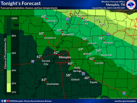Showers and isolated thunderstorms becoming more widespread, especially after midnight. Low temperatures in the upper 50s to low 60s.