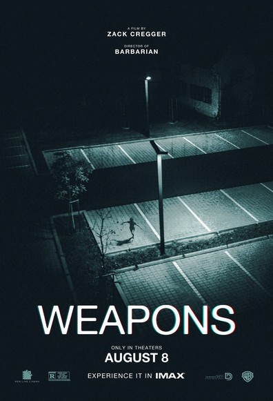 A child runs in the dark of night through a deserted parking lot lit up by street lamps.