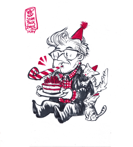 Cartoon drawing of John Flansburgh wearing a party hat and blowing a party horn.  He has his two cats sitting next to him and pawing on him wearing party hats too