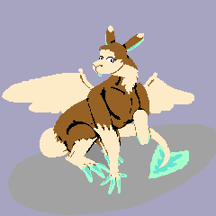 A 240x240 drawing of a fluffy dragon sitting with their head turned and their left foot lifted off the ground. They are brown with cream-colored feathers on the tips of their ears, their forearms and forelegs, their tail, and their wings, and teal digits, ear flesh, and chin and tail fins.