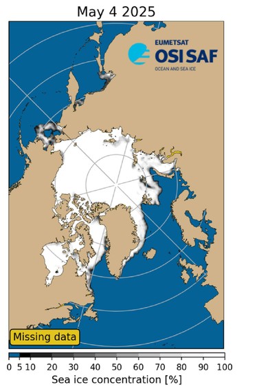Map of the Arctic centred on the Arctic ocean, white shows there there is sea ice, the land is in brown, open ocean in blue