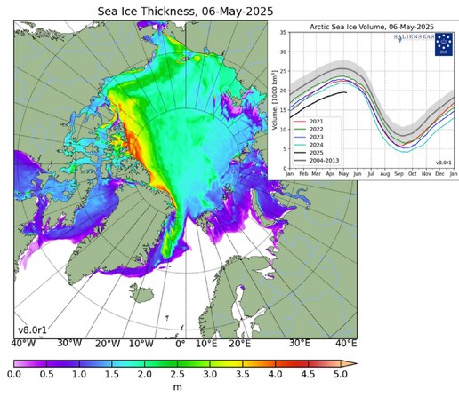 Map of the Arctic centred on the Arctic ocean, the sea ice is coloured in a rainbow scale, indicating the thickness of it from a model, the land is in green, open ocean in white