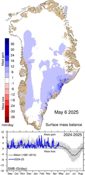 Map of Greenland showing surface mass budget, blue colours show where the ice sheet gained ice on 6th May, pink and red where it lost (there is very little red as May is still cold in Greenland), land is brown