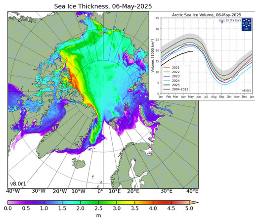 Map of the Arctic centred on the Arctic ocean, the sea ice is coloured in a rainbow scale, indicating the thickness of it from a model, the land is in green, open ocean in white