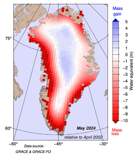 Map showing Greenland where the ice sheet is coloured shades of red to indicate where it has lost ice and blue in the centre where it has gained ice.