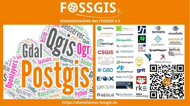 Bild zeigt FOSSGIS-Vereinslogo in weiß auf orangem Hintergrund sowie Wordcloud zu Projekten und Kompetenzen der Anbieter auf der Dienstleisterliste sowie die Logos der Unternehmen, die als Anbieter auf der Dienstleisterliste sind. https://dienstleister.fossgis.de/