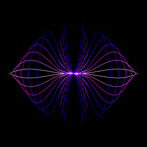 Blue, purple and magenta curves over black background, two symmetry axes.