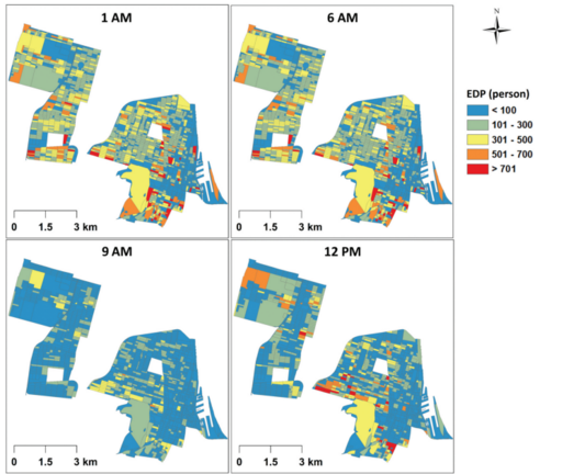 Example of AIDW, a series of 4 maps at different time stamps, showing the variation of population over time.
