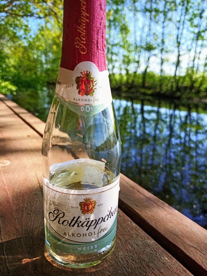 Eine kleine Flasche alkoholfreien Sekts auf einem Holzsteg im Sonnenschein. Dahinter das blaue Wasser eines Kanals.