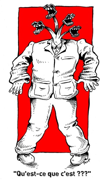 Une étrange silhouette au sommet de laquelle quatre bouches remplacent la tête, vêtue d'un costume trop grand, semble danser. Ce dessin est inspiré par le chanteur et guitariste David Byrne et son groupe Talking Heads.

A strange figure with four mouths replacing its head, dressed in an oversized costume, appears to be dancing. This drawing is inspired by singer and guitarist David Byrne and his band Talking Heads.