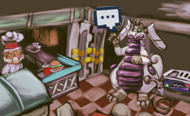 Digitalart painting of a robotic goodra recharging in the kitchen in Space Station 13. The cook smiles at him next to a burger as the Goodra prepares to say something.
