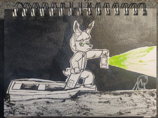 A male anthrpopmorphic lynx standing at the front of an otherwise empty rowboat shining with green light from a lantern into the darkness.