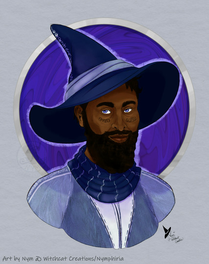 a digital art bust commission of a dark-skinned man in blue wizards robes, with a contemplative smile, a thick mustache and beard, striking blue eyes, and vaguely numerical runic markings below his eyes
