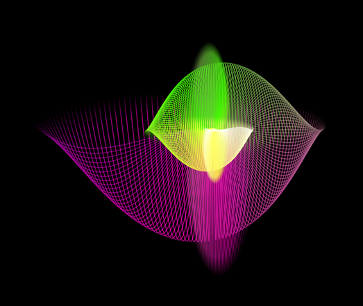 In a black background, curved lines of magenta, green, yellow and white, spiraling like a seashell.