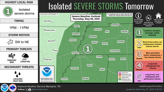 A few strong to severe storms are possible Thursday afternoon and evening. Large hail and damaging winds are the main threat.
