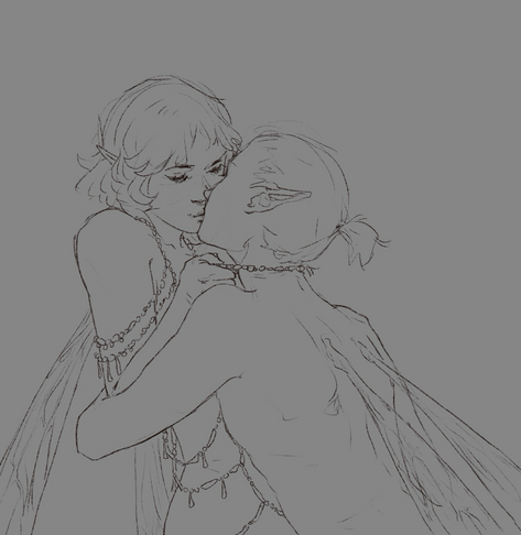 My two fairy characters kissing, Iri is wearing beads and pulls Sy closer with a necklace.