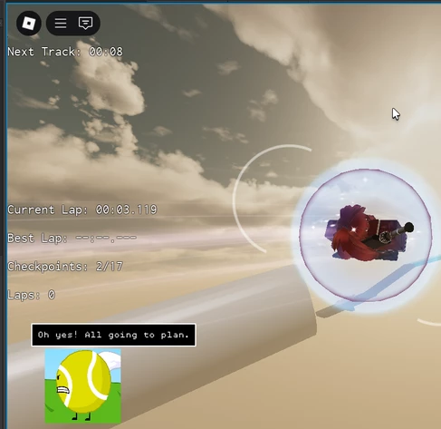 roblox game about racing. there's some race ui stats on the left with an annotation accompanied with a funny image saying "Oh yes! All going to plan."