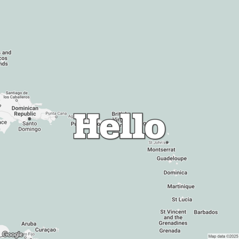 Map of British Virgin Islands overlaid with a translation of the word "hello": Hello.