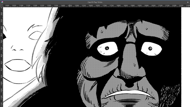 Screenshot from Krita. A comic panel showing, in the foreground, the face of an elderly woman looking extremely frightened with wide eyes. Behind her, there's the ghostly face of a young man.