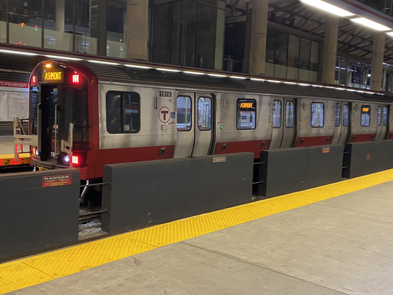 A new MBTA Red Line train pulls in to Ashmont Station