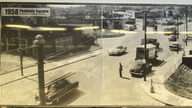 An historic photo from 1958 of the old Ashmont train and bus station