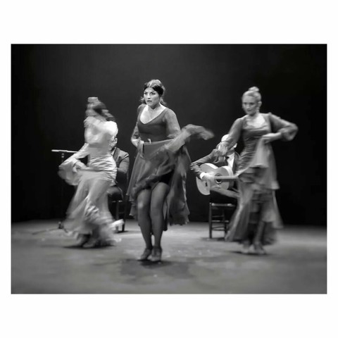 This is a black and white landscape format image of three female flamenco dancers on a theatre stage. The face of the woman in the centre is in focus, and much of the remainder of the image is a whirl of movement. A man seated playing guitar is just visible in the background. The dancers are lit by spotlights and the backdrop is dark, creating a high contrast. Taken with a Sony RX100 in Sevilla.