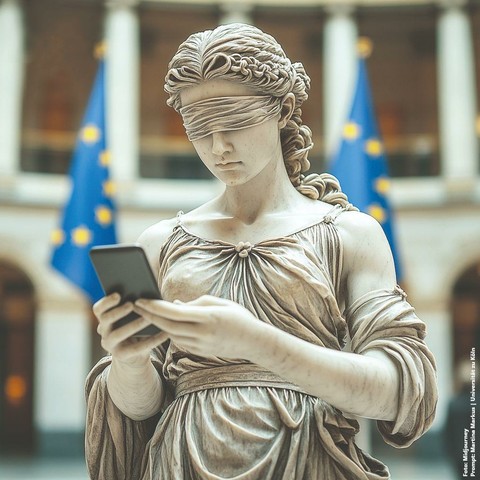 Eine Statue einer weiblichen Figur in antiker Kleidung hält ein Smartphone in der Hand, im Hintergrund sind verschwommene EU-Flaggen zu sehen.