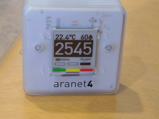 Aranet4 CO2 meter geeft 2545 ppm aan, zeer slechte ventilatie.