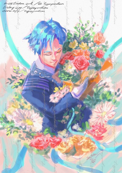 Rough digital fan-art sketch of Holostars EN V-tuber Regis Altare in his suit outfit and a flower bouquet.