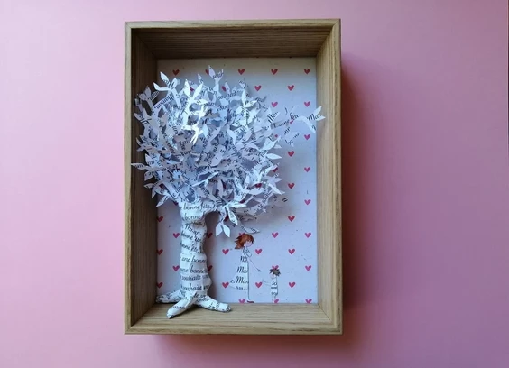 Un cadre en bois clair avec une sculpture en papier blanc à l'intérieur, recouverte de mots et de phrases imprimées en noir. Le fond du cadre est rose pâle avec des petits cœurs roses. Pour la sculpture : sous un arbre en 3D, il y a deux personnages en 2D, une mère qui tend les bras vers son enfant. On peut lire les mots "bonne fête" et "maman" sur l'arbre et sur les personnages. Il y a quelques touches de peinture : sur les cheveux des personnages (marron) et sur les chaussures de la maman (rouge).